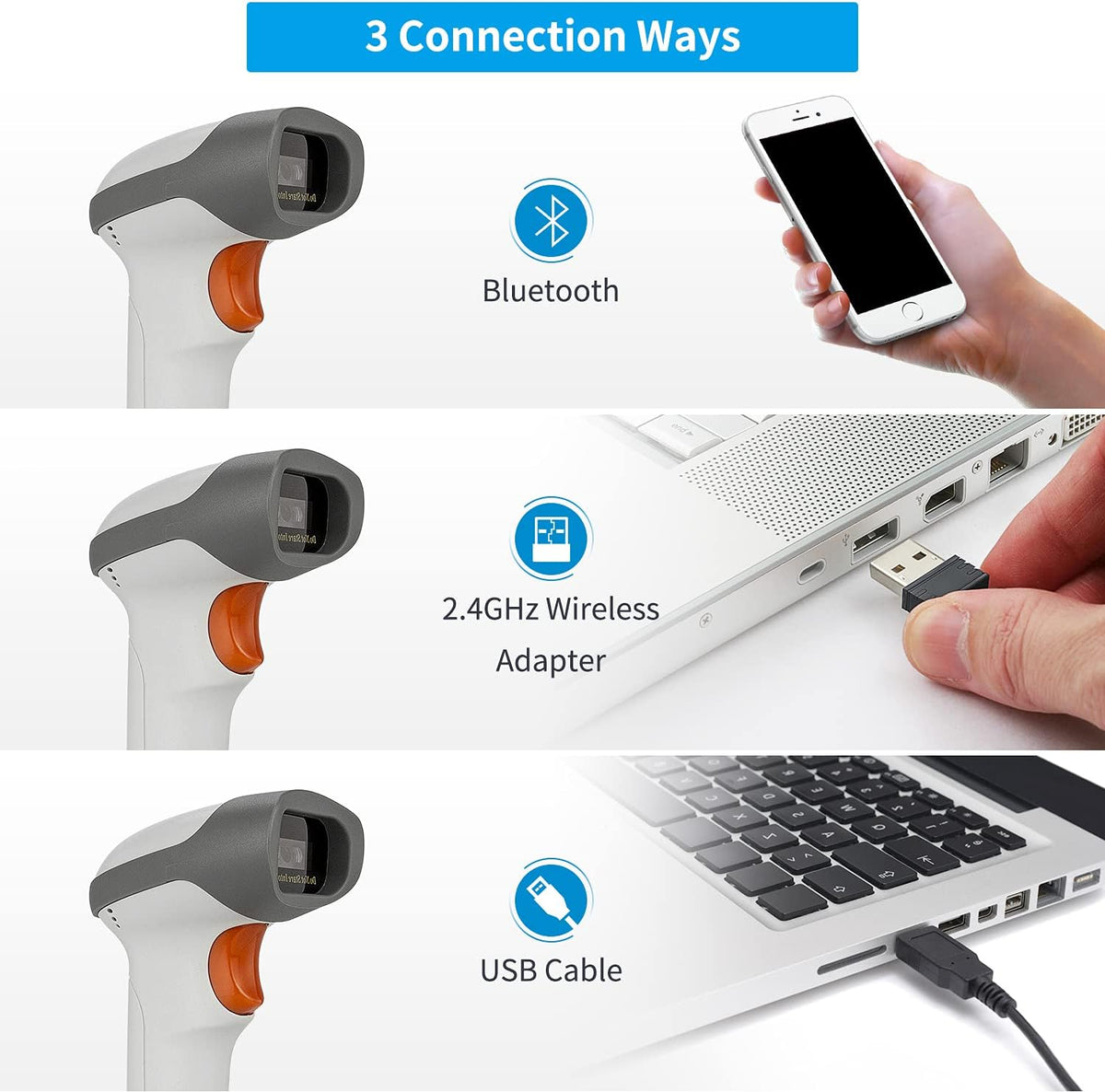 NSL8BL Bluetooth 2D Barcode Scanner, 3 in 1 Automatic Wireless QR Code