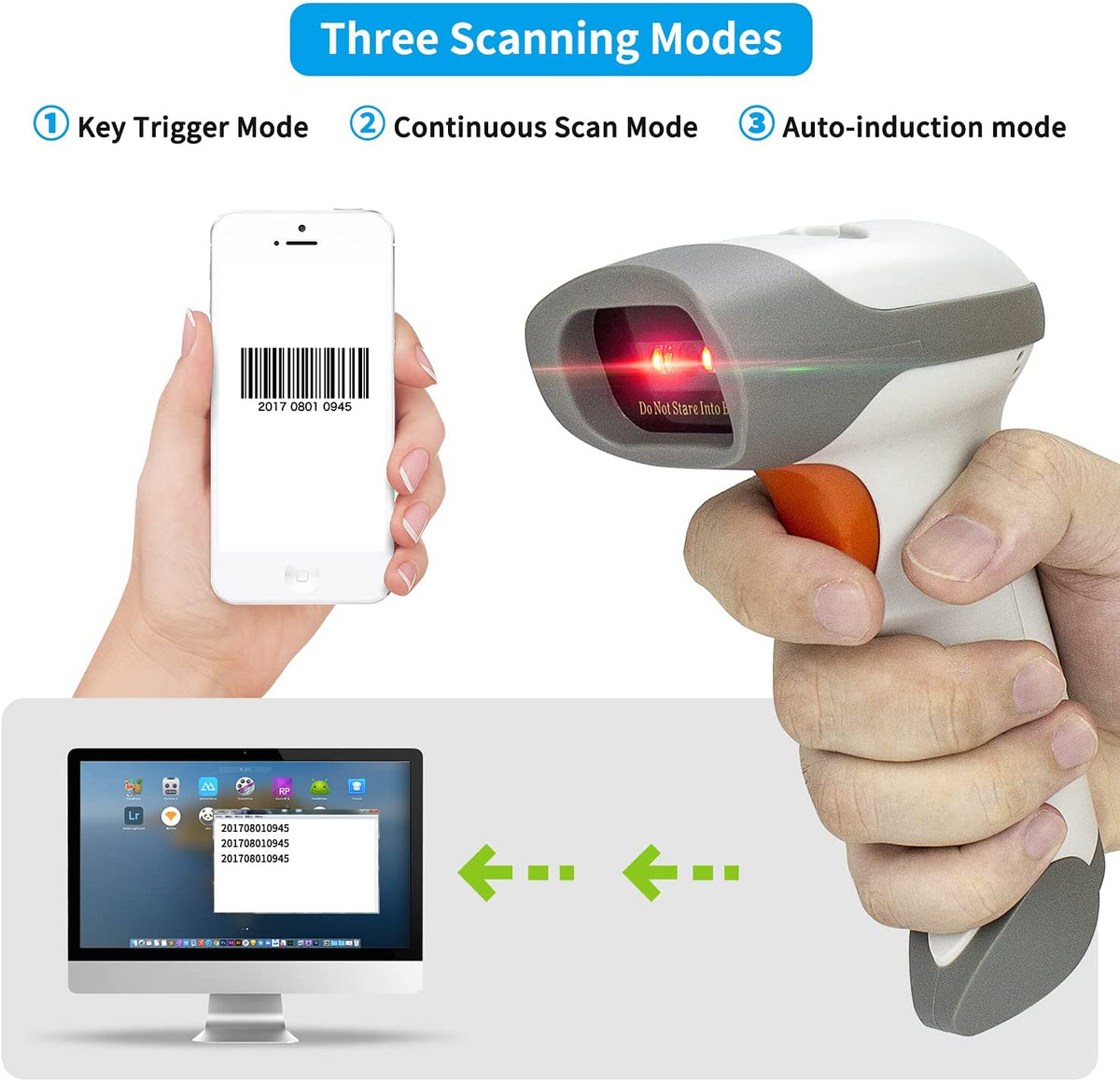 NSL8BL Bluetooth 2D Barcode Scanner, 3 in 1 Automatic Wireless QR Code